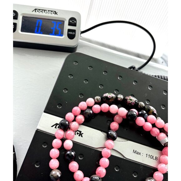 Pink & Black Beaded Necklace With Floral Cloisonné Beads & Silver Accents 14" Le - Picture 7 of 7